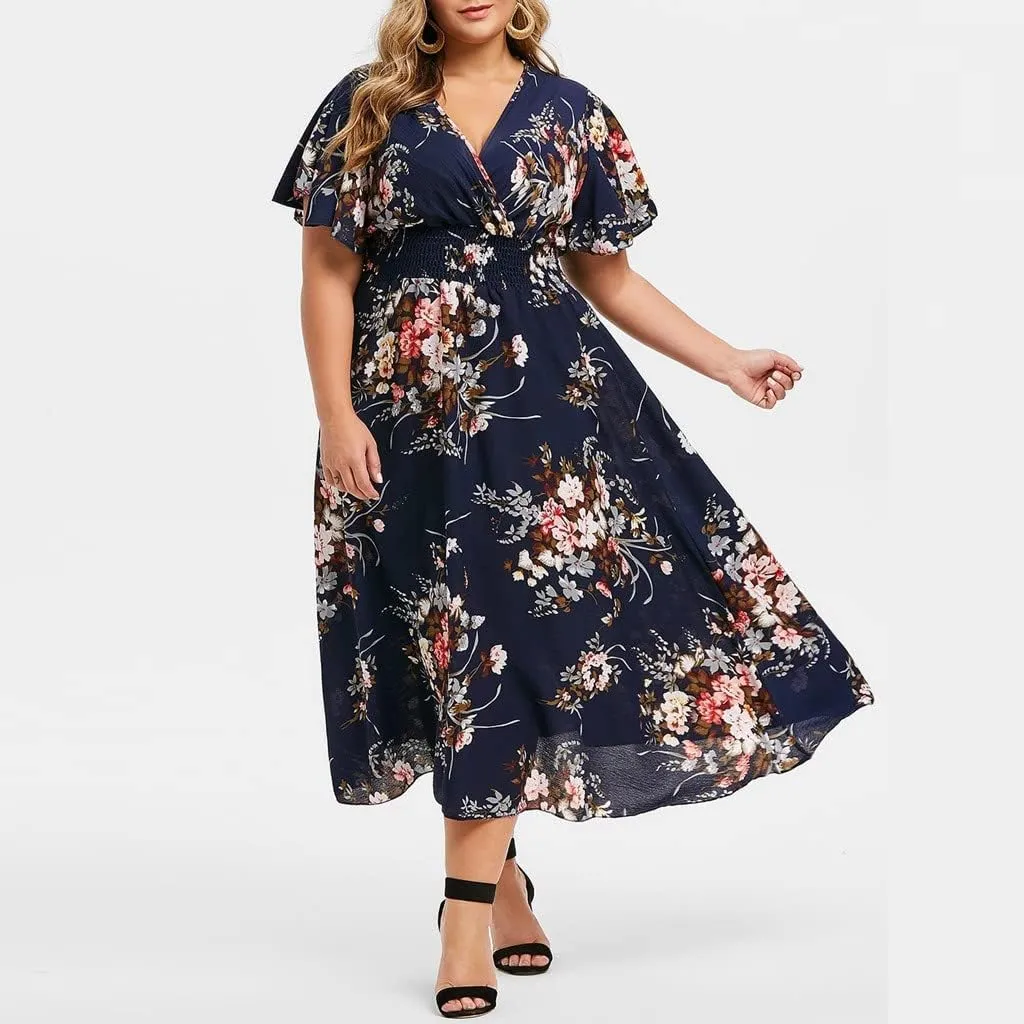 DASAYO Floral Dresses for Women Summer Casual Swing Chiffon Dress Short Sleeve Elastic Waist Wrap Plus Size Midi Sundress