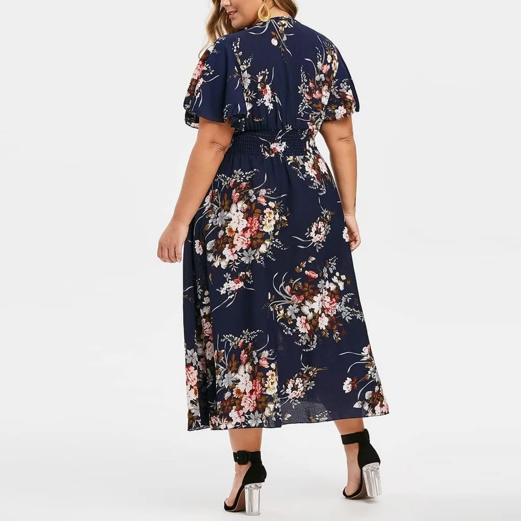 DASAYO Floral Dresses for Women Summer Casual Swing Chiffon Dress Short Sleeve Elastic Waist Wrap Plus Size Midi Sundress
