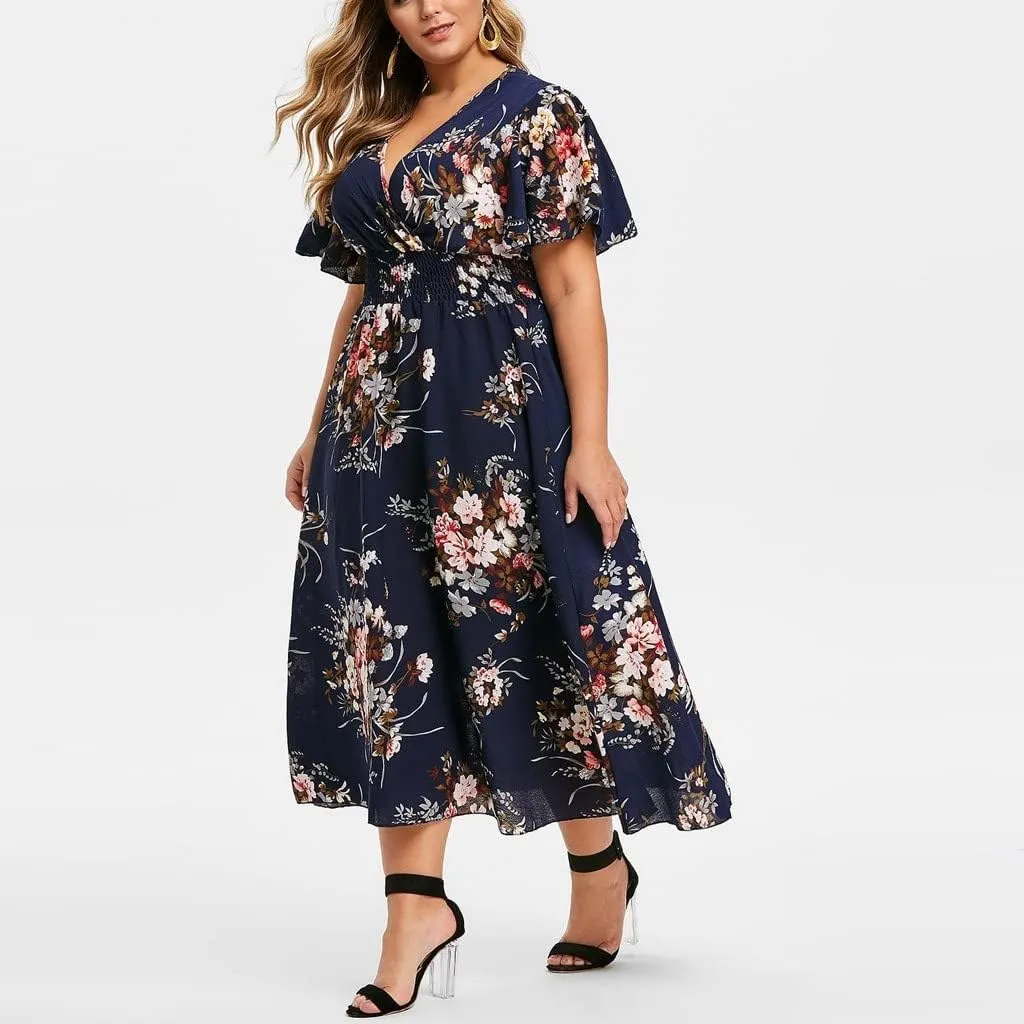 DASAYO Floral Dresses for Women Summer Casual Swing Chiffon Dress Short Sleeve Elastic Waist Wrap Plus Size Midi Sundress