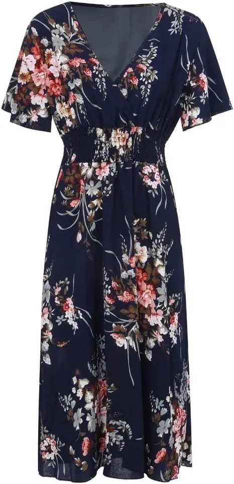 DASAYO Floral Dresses for Women Summer Casual Swing Chiffon Dress Short Sleeve Elastic Waist Wrap Plus Size Midi Sundress