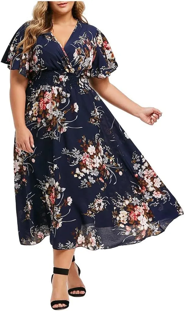 DASAYO Floral Dresses for Women Summer Casual Swing Chiffon Dress Short Sleeve Elastic Waist Wrap Plus Size Midi Sundress