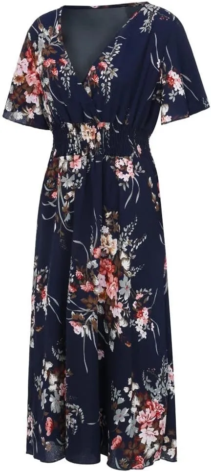 DASAYO Floral Dresses for Women Summer Casual Swing Chiffon Dress Short Sleeve Elastic Waist Wrap Plus Size Midi Sundress