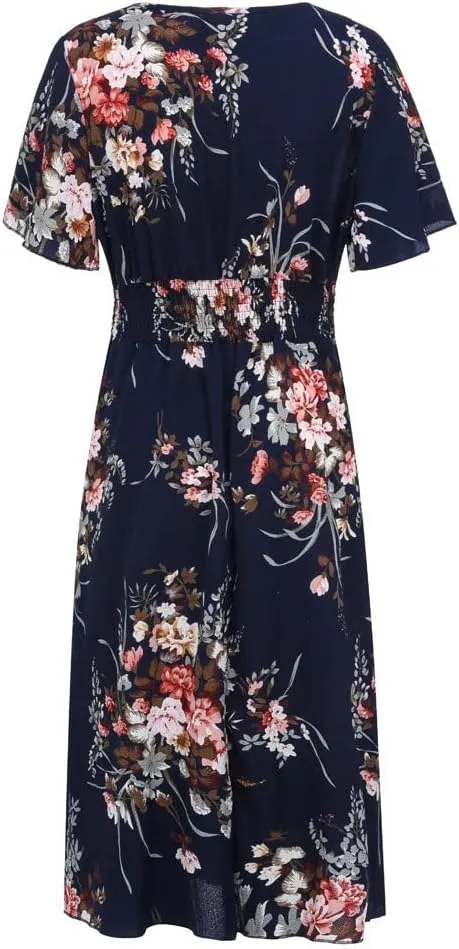 DASAYO Floral Dresses for Women Summer Casual Swing Chiffon Dress Short Sleeve Elastic Waist Wrap Plus Size Midi Sundress