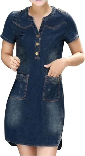 Denim Dress for Women Button Up Jean Shirt Vacation Dresses Casual Summer Tshirt Mini Dress Bussiness Work Dress