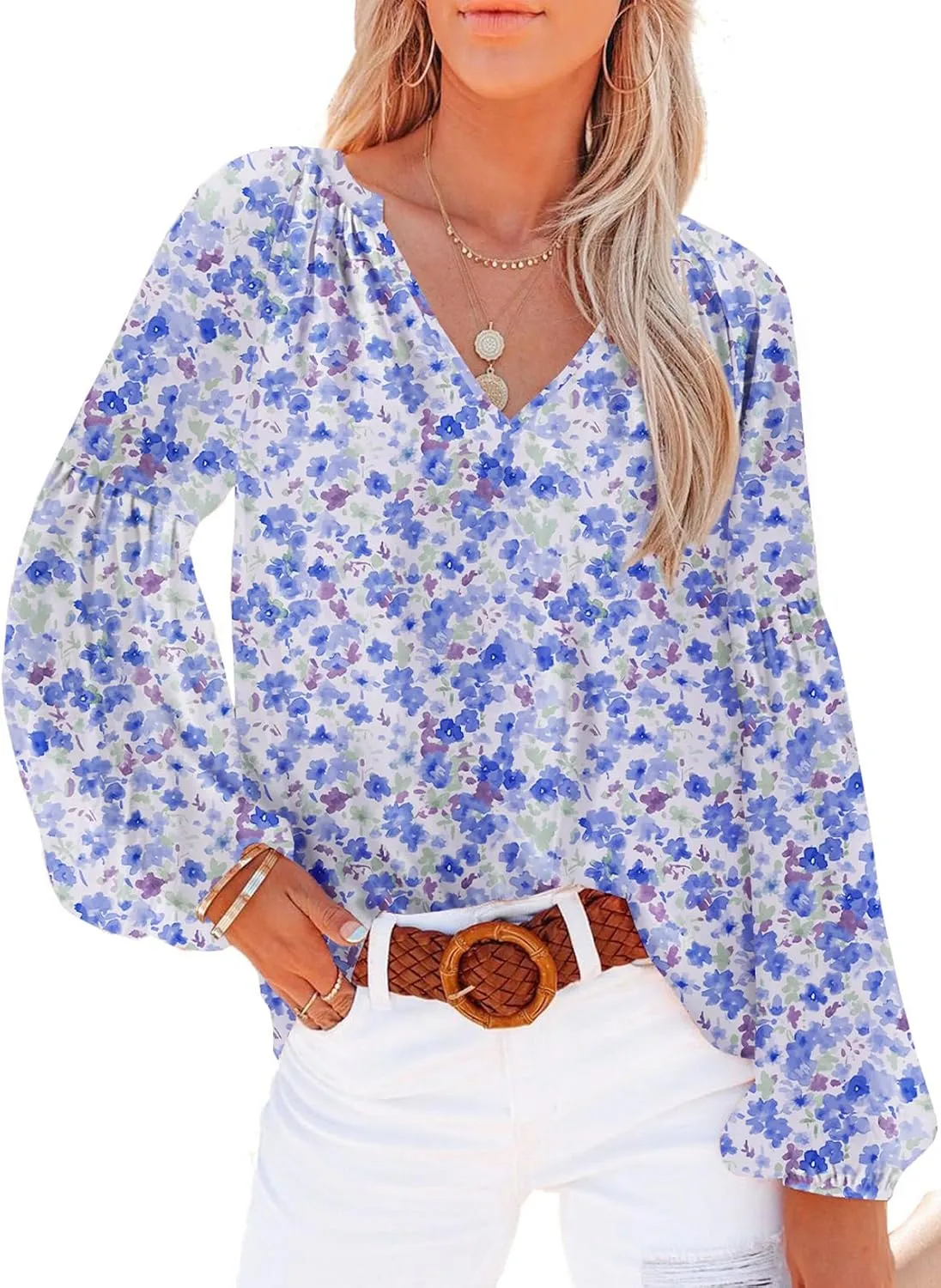 Dokotoo Women's Casual Boho Floral Print V Neck Long Sleeve T Shirt Blouses