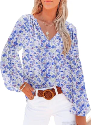 Dokotoo Women's Casual Boho Floral Print V Neck Long Sleeve T Shirt Blouses