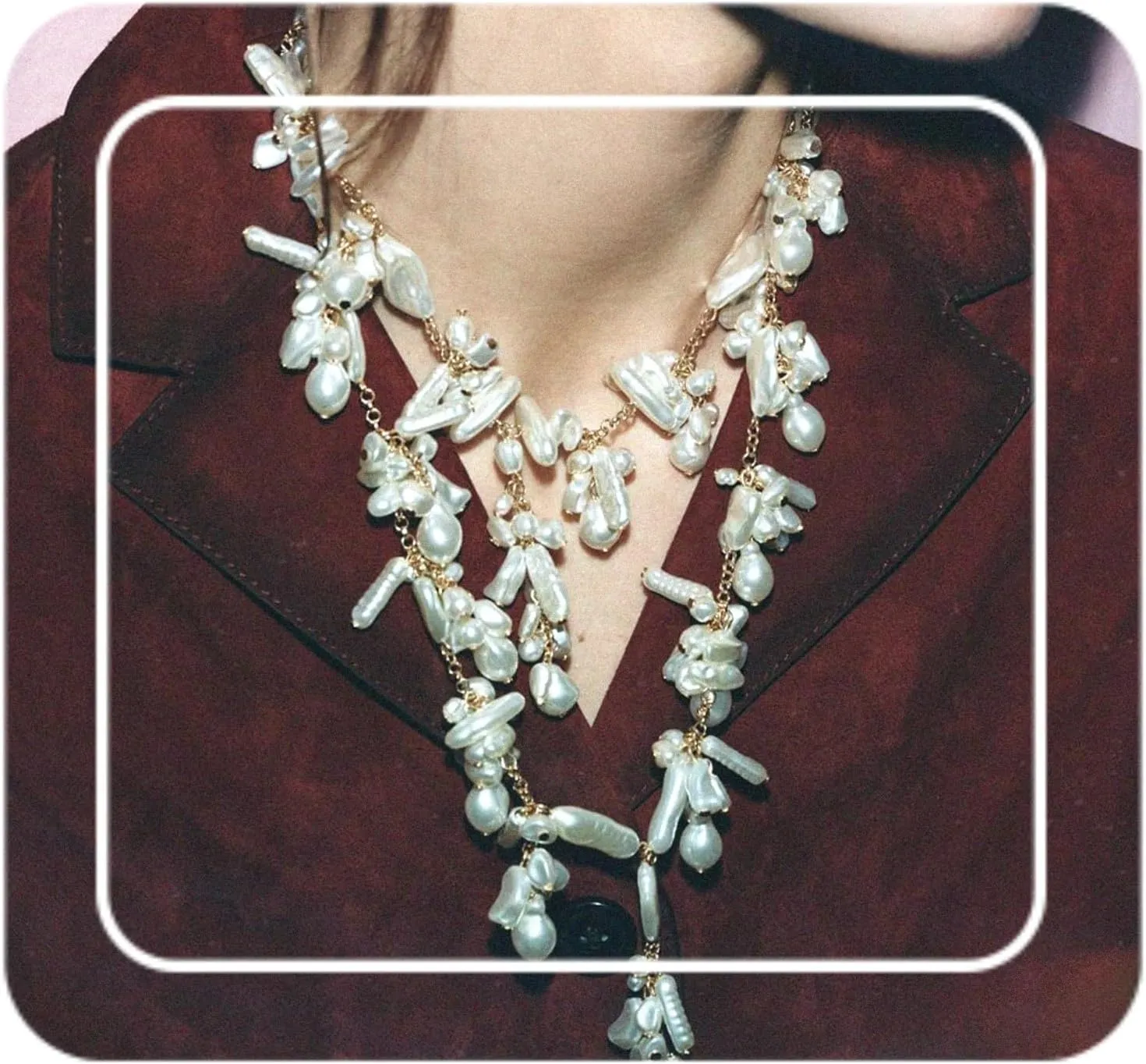 Doubnine Pearl Statement Necklace, Gold Chain, Baroque Cluster Design Necklace for Women