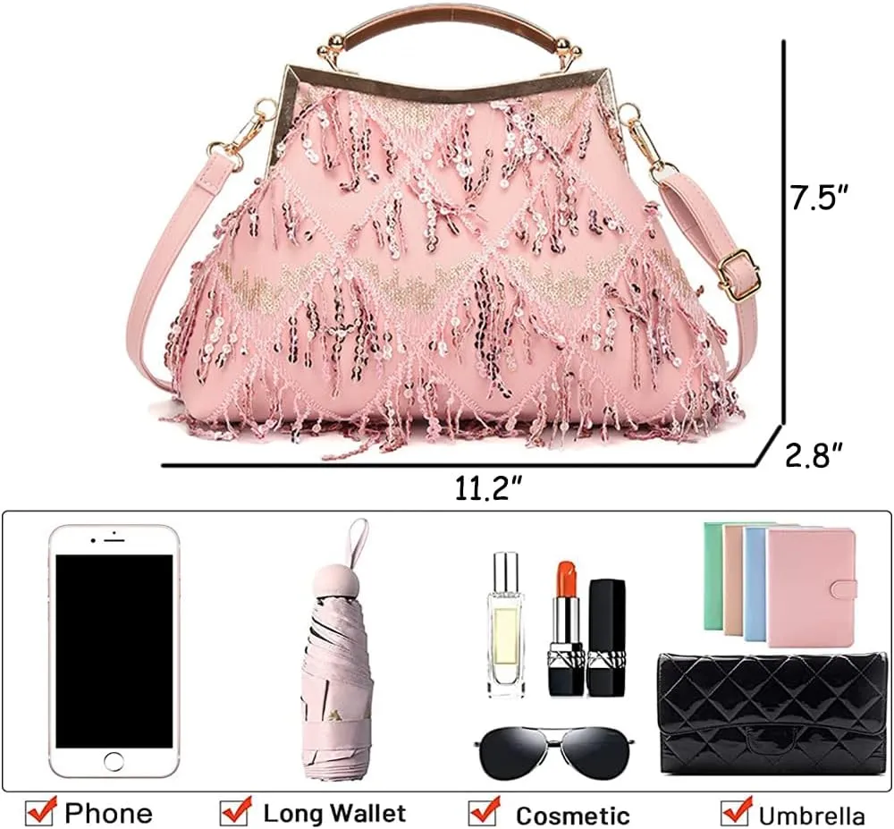Downupdown Women Evening Bag Kiss Lock Purse Sequin Tassel Handbags Shoulder Crossbody Bags Clutch Lady Wedding Party Satchel