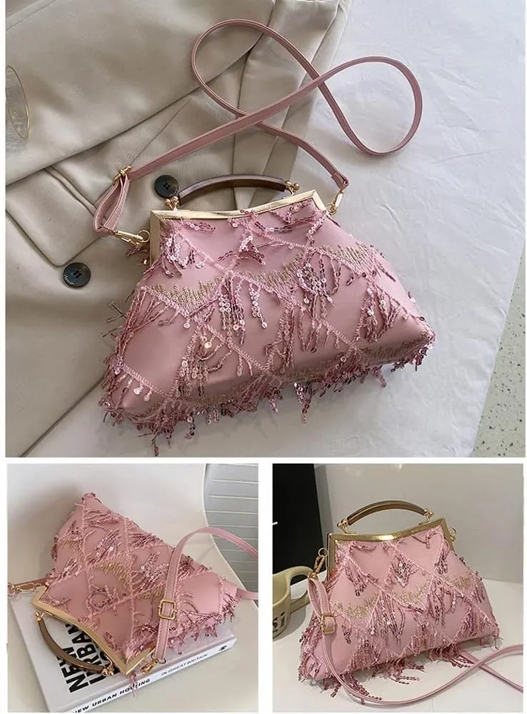 Downupdown Women Evening Bag Kiss Lock Purse Sequin Tassel Handbags Shoulder Crossbody Bags Clutch Lady Wedding Party Satchel