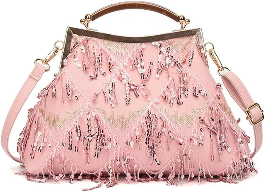 Downupdown Women Evening Bag Kiss Lock Purse Sequin Tassel Handbags Shoulder Crossbody Bags Clutch Lady Wedding Party Satchel