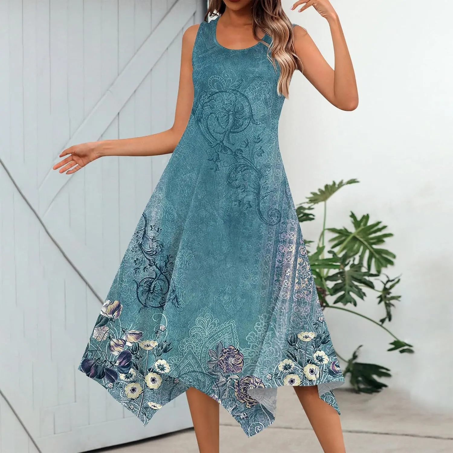 Dresses for Women 2024 Round Neck Floral Print Maxi Dress Sleeveless Flowy Beach Dresses Hankerchief Hem Dress