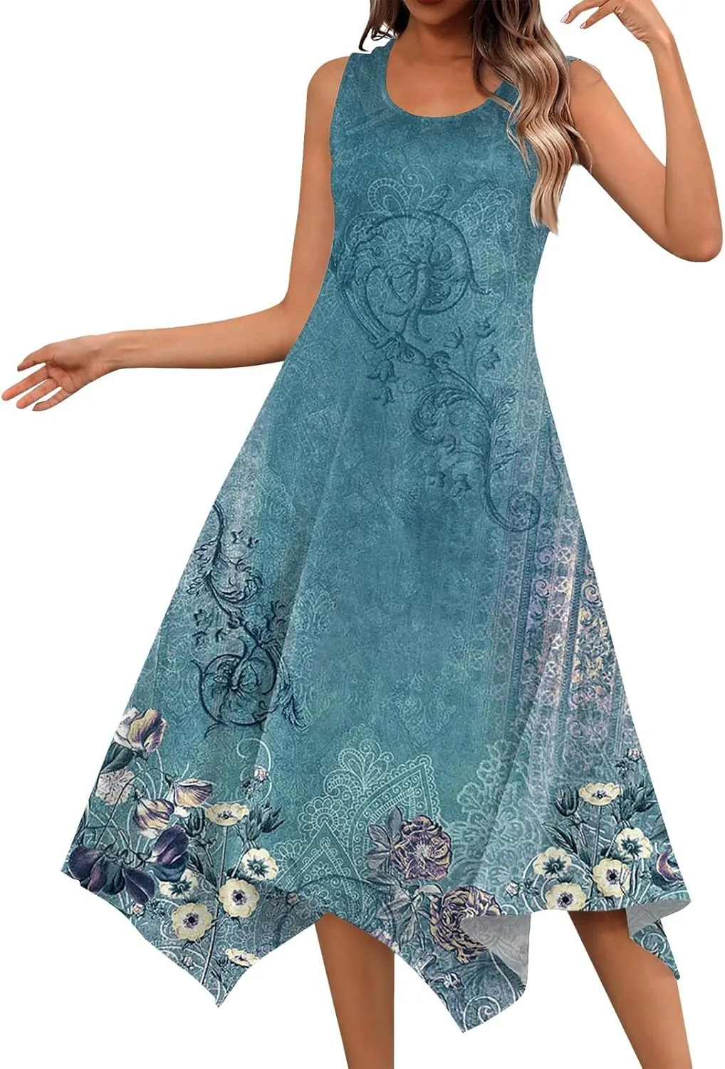 Dresses for Women 2024 Round Neck Floral Print Maxi Dress Sleeveless Flowy Beach Dresses Hankerchief Hem Dress