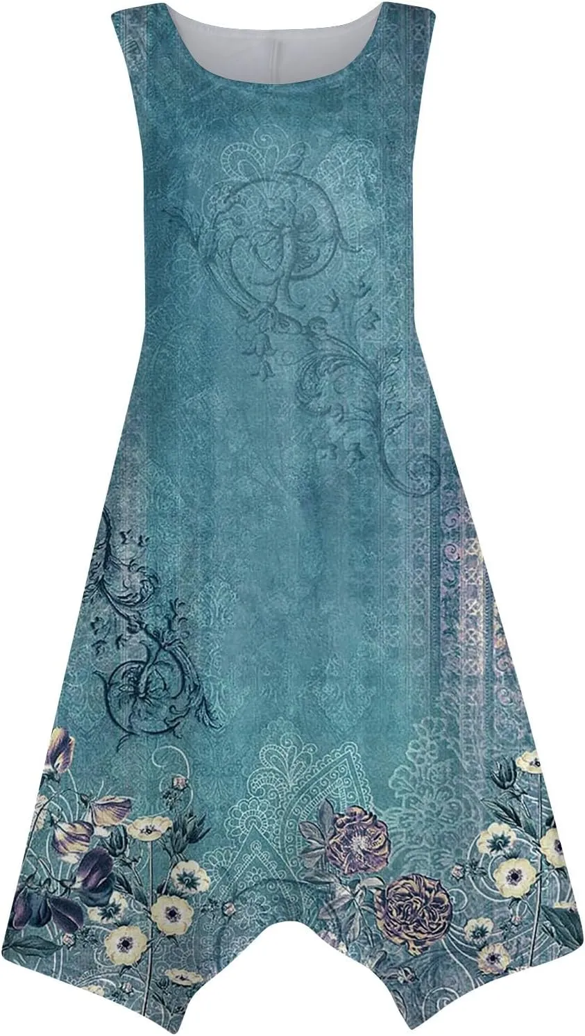 Dresses for Women 2024 Round Neck Floral Print Maxi Dress Sleeveless Flowy Beach Dresses Hankerchief Hem Dress