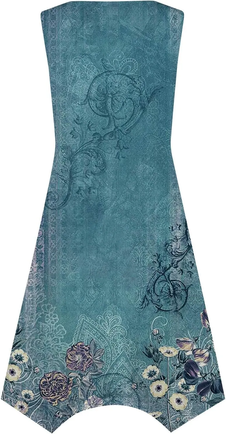 Dresses for Women 2024 Round Neck Floral Print Maxi Dress Sleeveless Flowy Beach Dresses Hankerchief Hem Dress