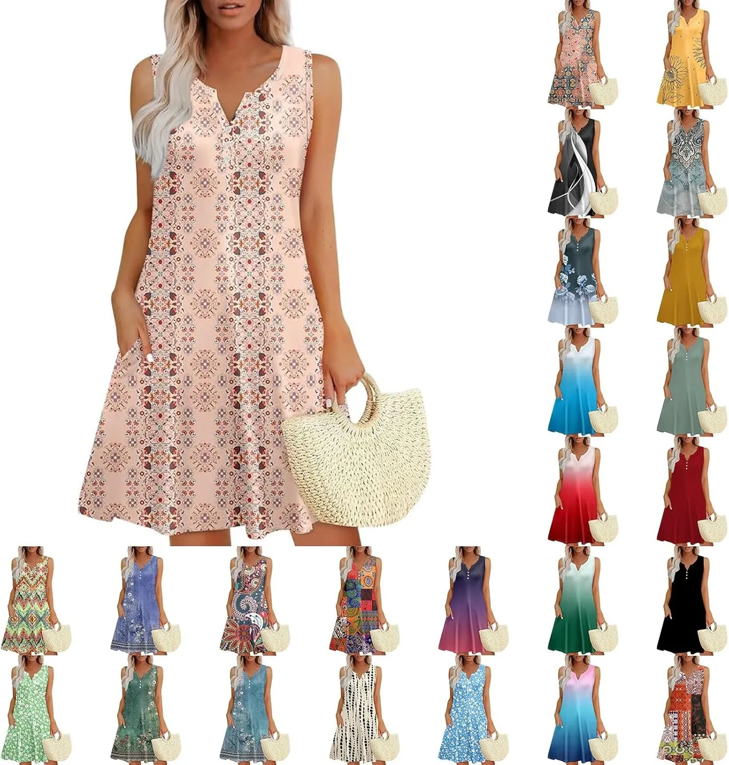 Dresses for Women Casual Summer Sleeveless Sundresses Boho Beach Dress Loose V Neck Swimsuit Coverup with Pockets