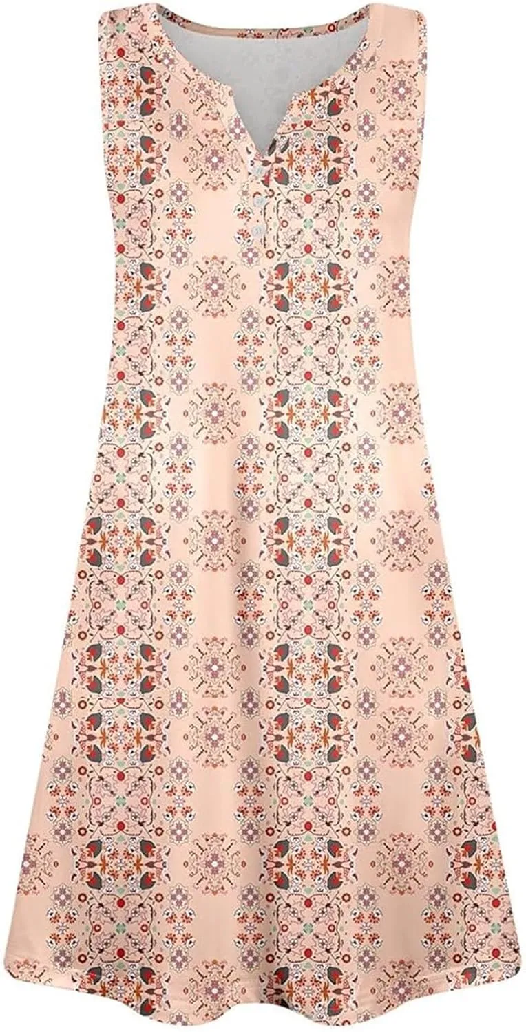 Dresses for Women Casual Summer Sleeveless Sundresses Boho Beach Dress Loose V Neck Swimsuit Coverup with Pockets