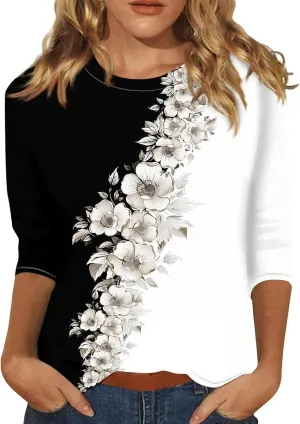 Dressy Tops for Women 2024 Elbow Sleeve T-Shirts Cotton Crew Neck Blouses Floral Print Loose Fit Dressy Summer Tops