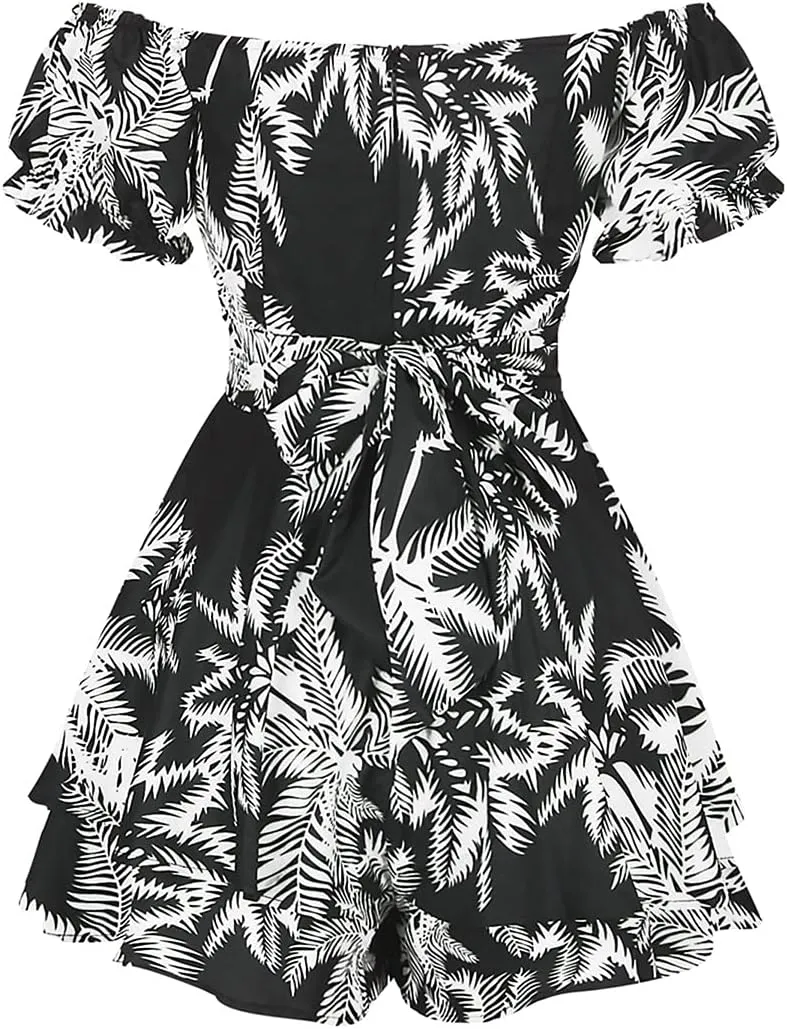 DuAnyozu Women's Jumpsuit Floral Print Ruffle Short Sleeve Off The Shoulder Short Mini Dress Rompers