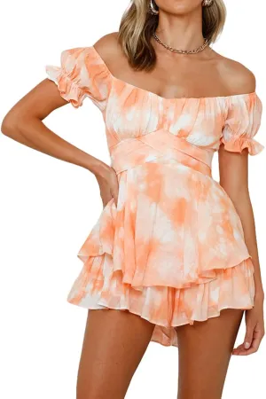 DuAnyozu Women's Jumpsuit Floral Print Ruffle Short Sleeve Off The Shoulder Short Mini Dress Rompers