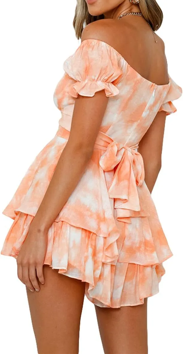 DuAnyozu Women's Jumpsuit Floral Print Ruffle Short Sleeve Off The Shoulder Short Mini Dress Rompers