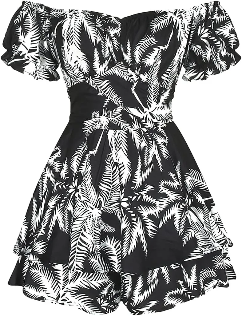DuAnyozu Women's Jumpsuit Floral Print Ruffle Short Sleeve Off The Shoulder Short Mini Dress Rompers