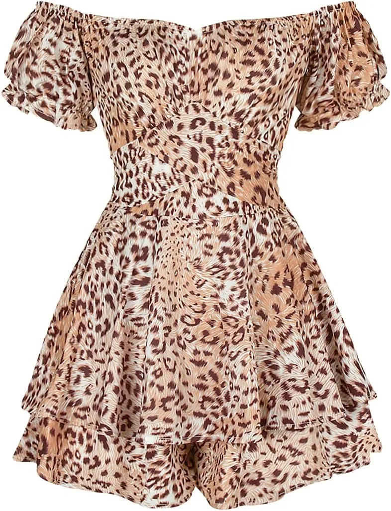 DuAnyozu Women's Jumpsuit Floral Print Ruffle Short Sleeve Off The Shoulder Short Mini Dress Rompers