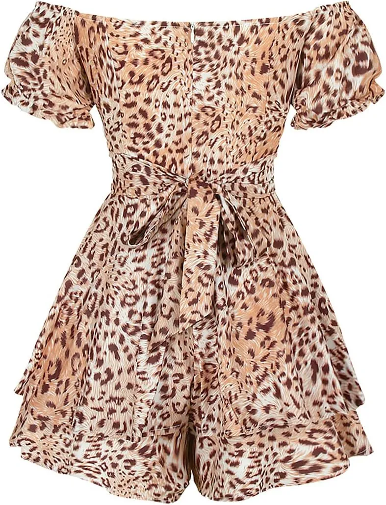 DuAnyozu Women's Jumpsuit Floral Print Ruffle Short Sleeve Off The Shoulder Short Mini Dress Rompers