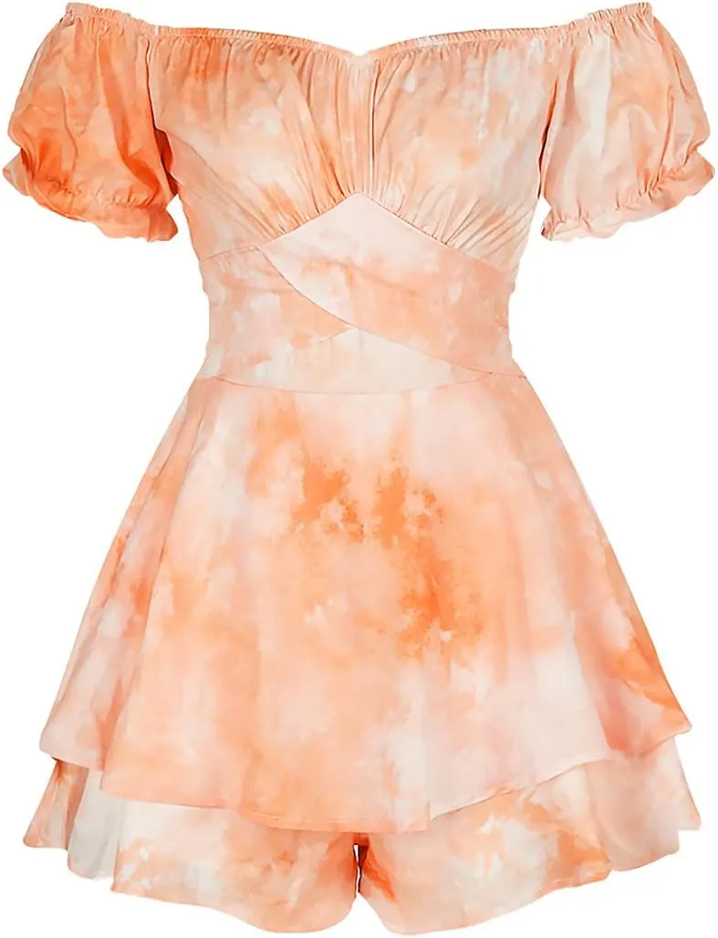 DuAnyozu Women's Jumpsuit Floral Print Ruffle Short Sleeve Off The Shoulder Short Mini Dress Rompers