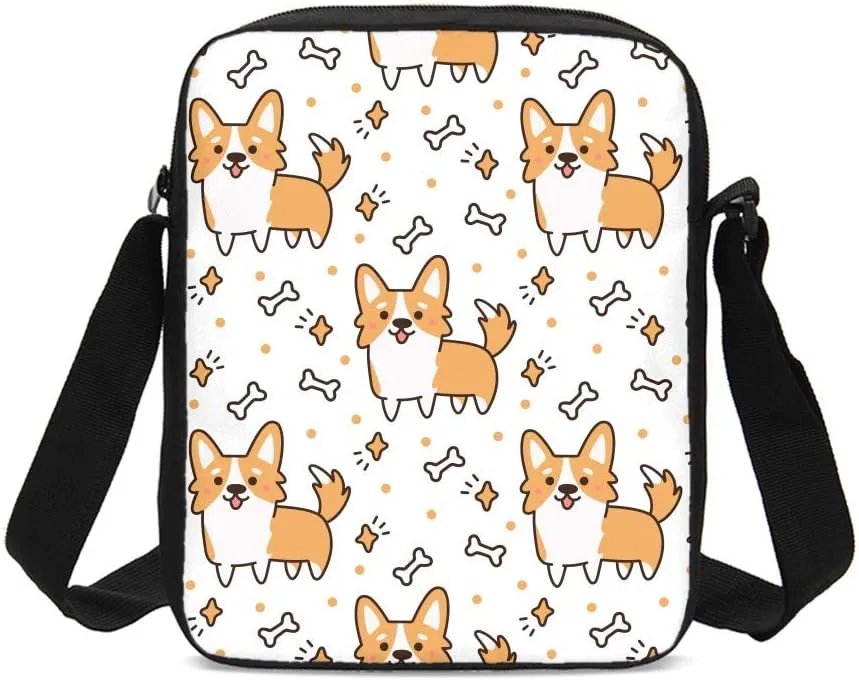 DuJiea Corgi Pug Dog Kids Backpack Set 3 Piece Student Back To School Book Bag with Shouder Bag Pencil Case for Boys Girls 1-6th Grade