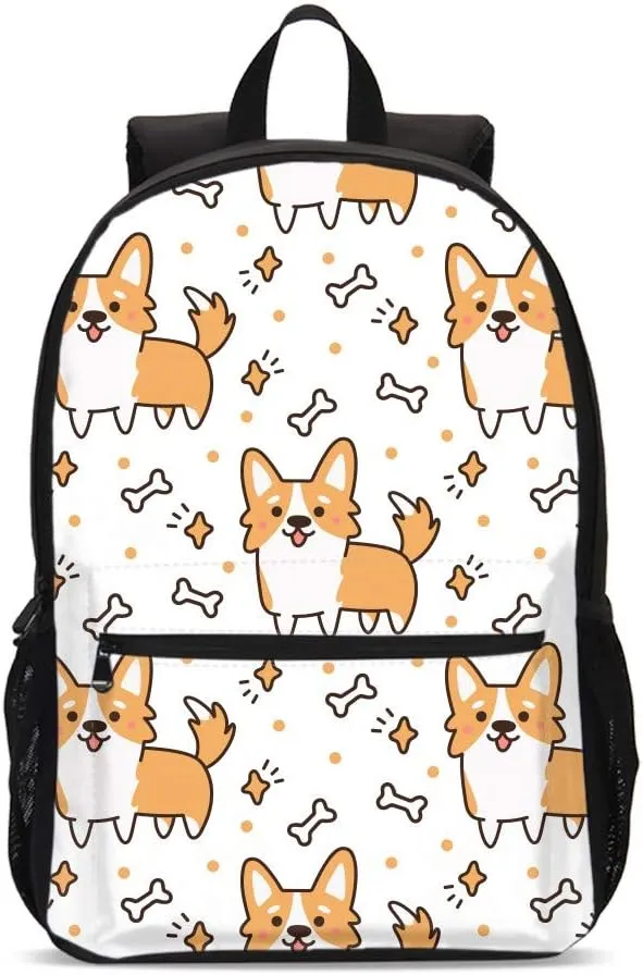 DuJiea Corgi Pug Dog Kids Backpack Set 3 Piece Student Back To School Book Bag with Shouder Bag Pencil Case for Boys Girls 1-6th Grade
