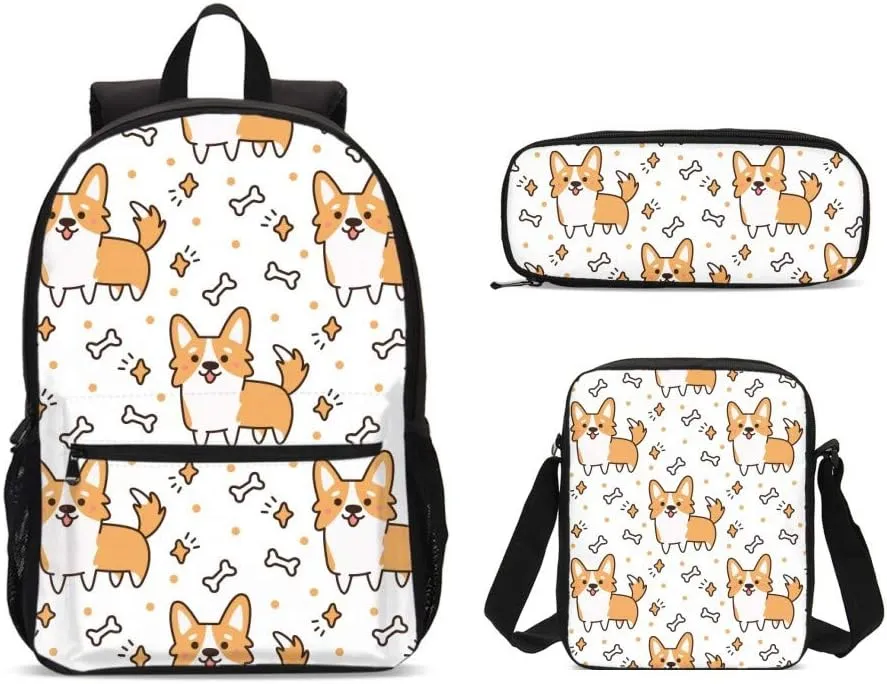 DuJiea Corgi Pug Dog Kids Backpack Set 3 Piece Student Back To School Book Bag with Shouder Bag Pencil Case for Boys Girls 1-6th Grade