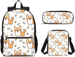 DuJiea Corgi Pug Dog Kids Backpack Set 3 Piece Student Back To School Book Bag with Shouder Bag Pencil Case for Boys Girls 1-6th Grade