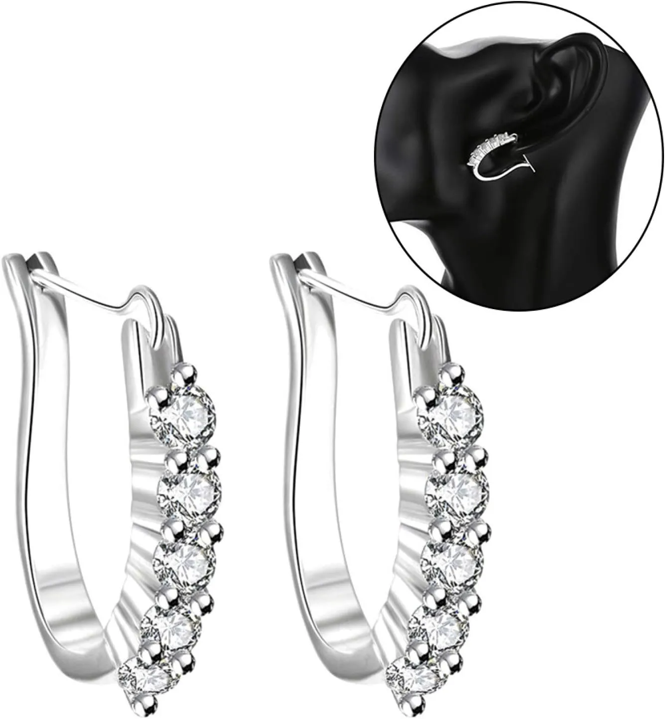 Earring Hoop Stud Drop & Dangle, Women Cubic Zirconia Inlaid Silver Plated U Shape Ear Stud Earrings Jewelry Gift for Women Teen Girls Birthday Christmas Friends Gift