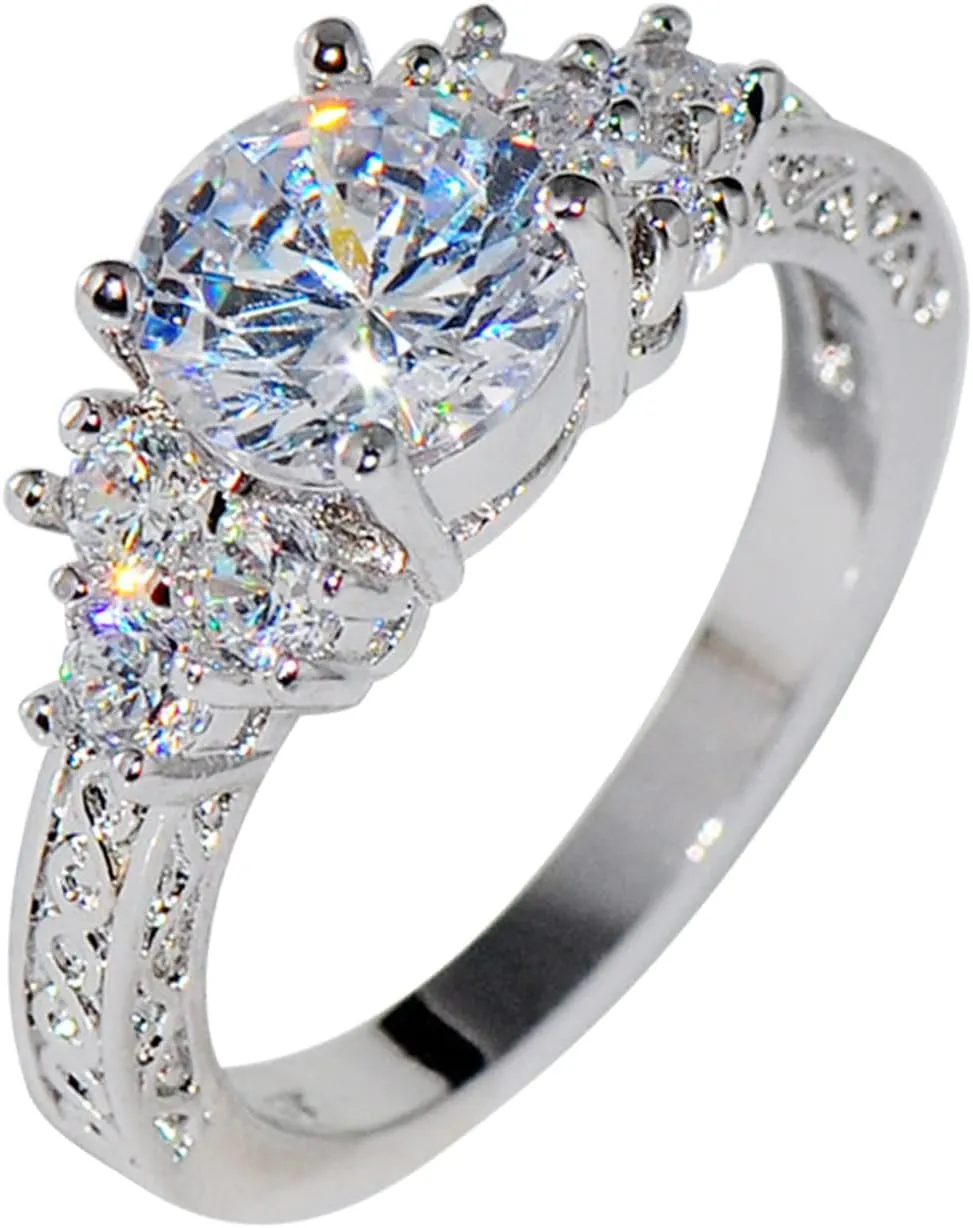 Elegant Women Birthstone Engagement Wedding Bands CZ Simulated Diamond Luxury Court Ring Jewelry for Couple (Silver, 11)