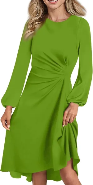 Elegant Women's Long Sleeve Midi Dress with Asymmetrical Hem and Waist Detail Perfect for Casual or Fashion