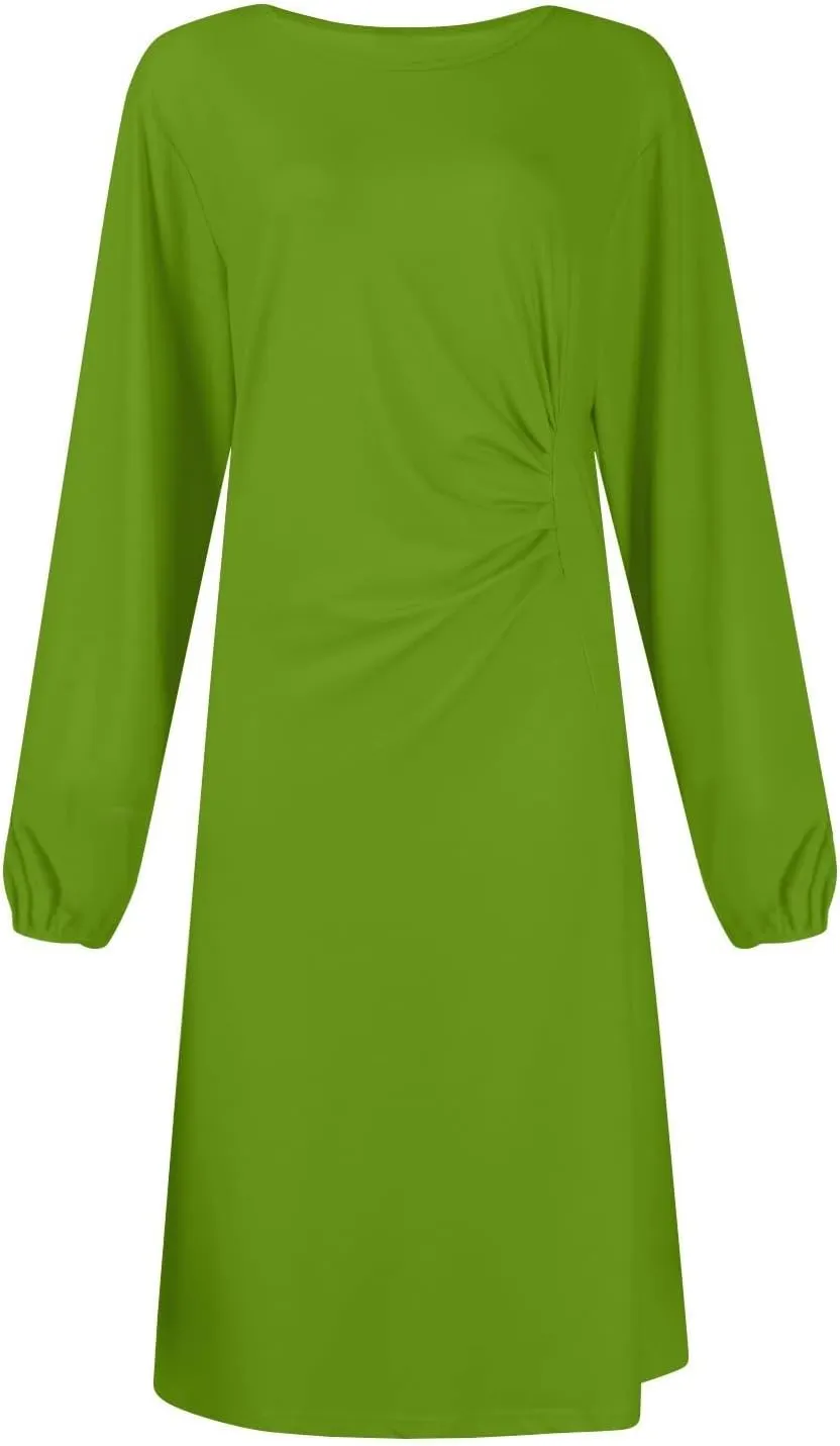 Elegant Women's Long Sleeve Midi Dress with Asymmetrical Hem and Waist Detail Perfect for Casual or Fashion
