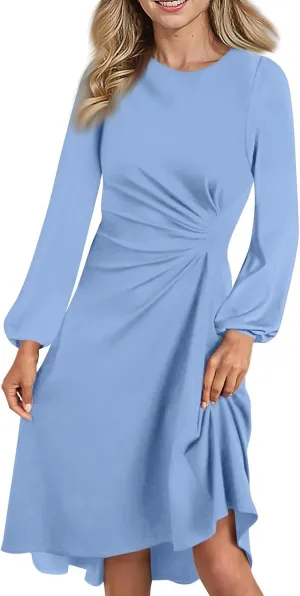 Elegant Women's Long Sleeve Midi Dress with Asymmetrical Hem and Waist Detail Perfect for Casual or Fashion