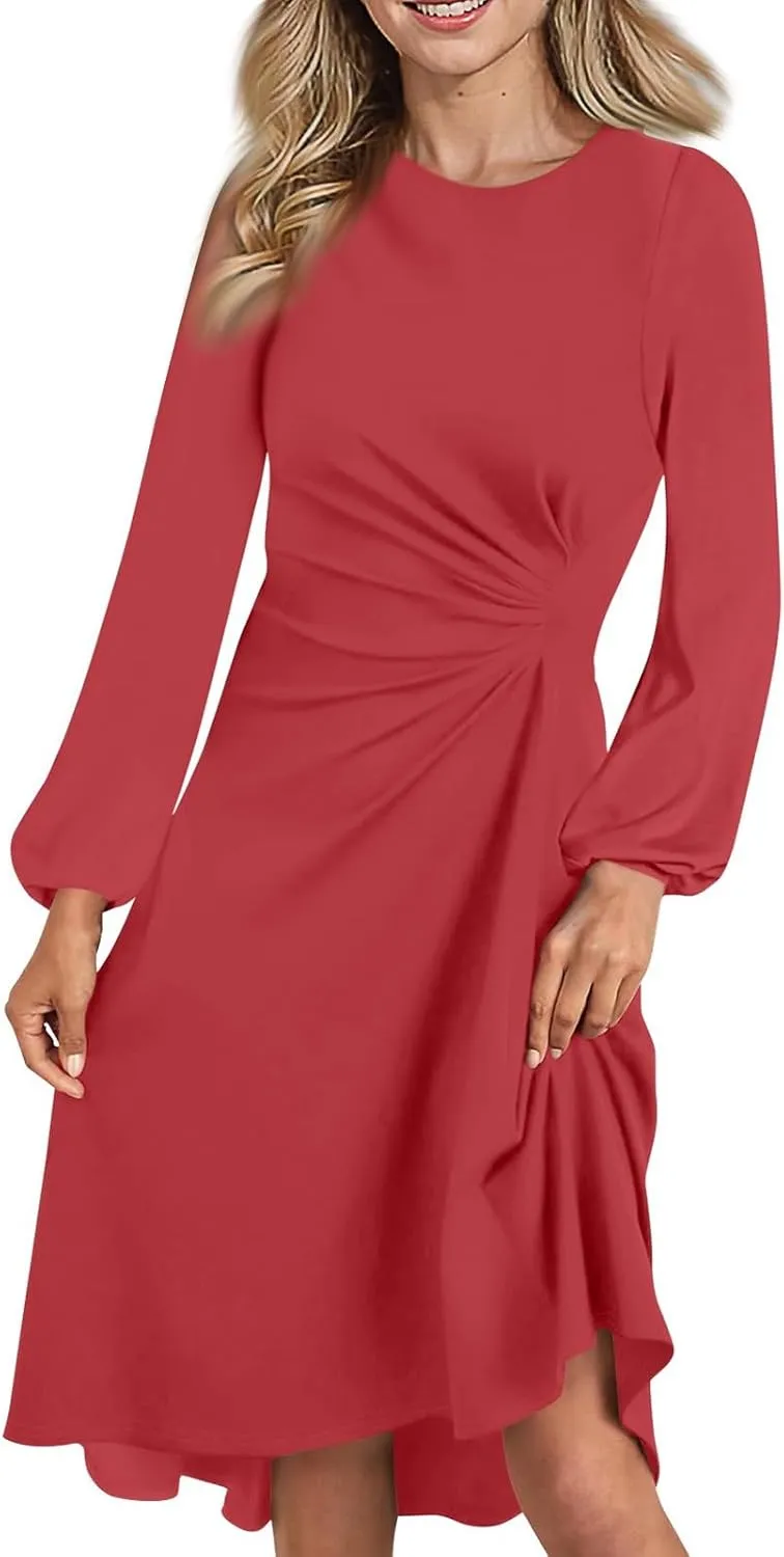 Elegant Women's Long Sleeve Midi Dress with Asymmetrical Hem and Waist Detail Perfect for Casual or Fashion