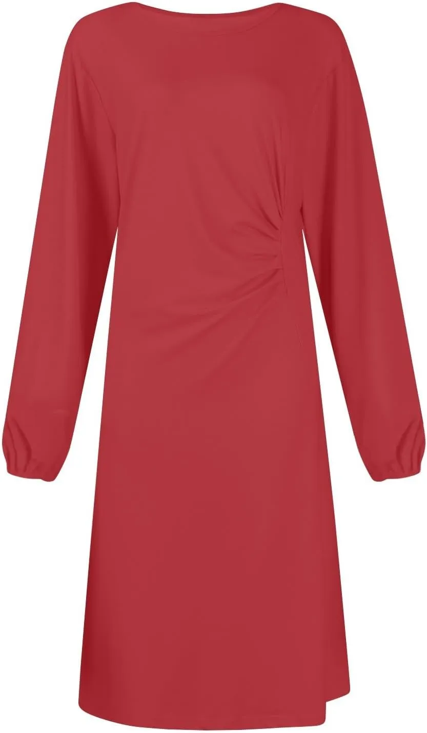 Elegant Women's Long Sleeve Midi Dress with Asymmetrical Hem and Waist Detail Perfect for Casual or Fashion