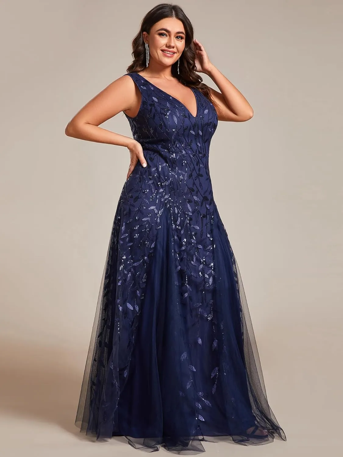 Ever-Pretty Plus Women's V Neck Sleeveless Embroidery A Line Plus Size Floor Length Evening Dresses 02130-DAPH