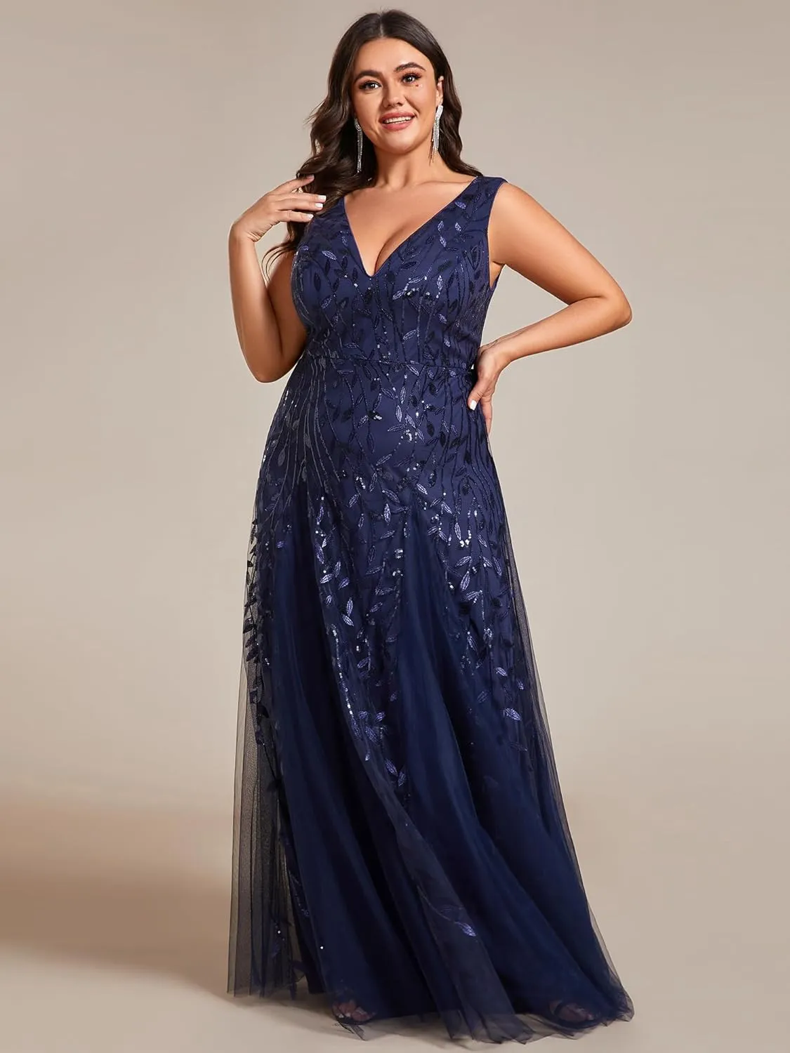 Ever-Pretty Plus Women's V Neck Sleeveless Embroidery A Line Plus Size Floor Length Evening Dresses 02130-DAPH