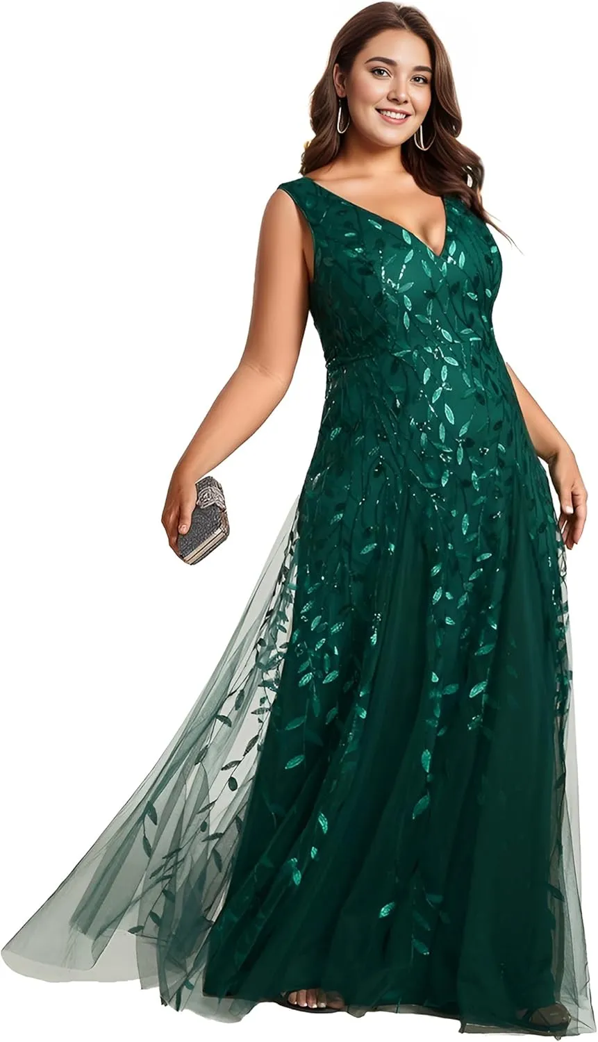 Ever-Pretty Plus Women's V Neck Sleeveless Embroidery A Line Plus Size Floor Length Evening Dresses 02130-DAPH