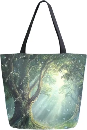 Extra Large Shoulder Grocery Tote Bag, Beautiful Forest World Trees Butterfly Canvas Daily Handle Bag Reusable for Gym Weekender Picnic Yoga Beach Travel Kitchen Market Shopping