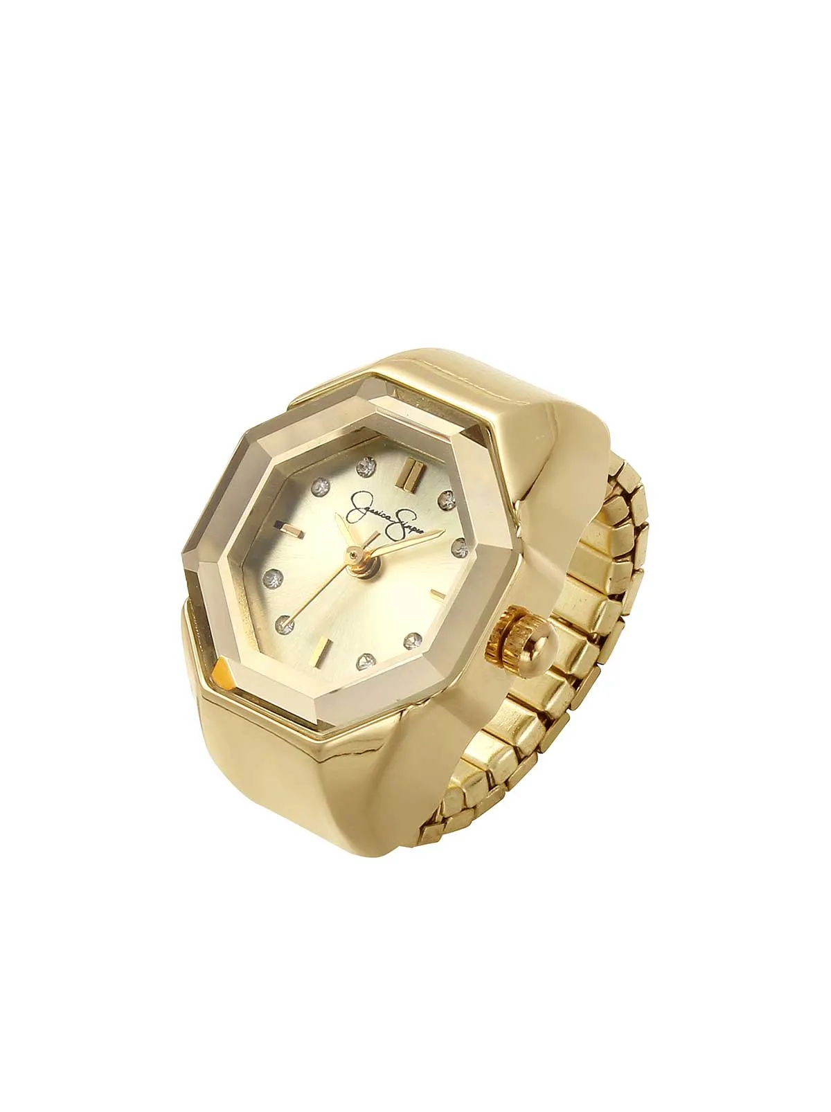 Faceted Bezel Crystal Ring Watch in Gold