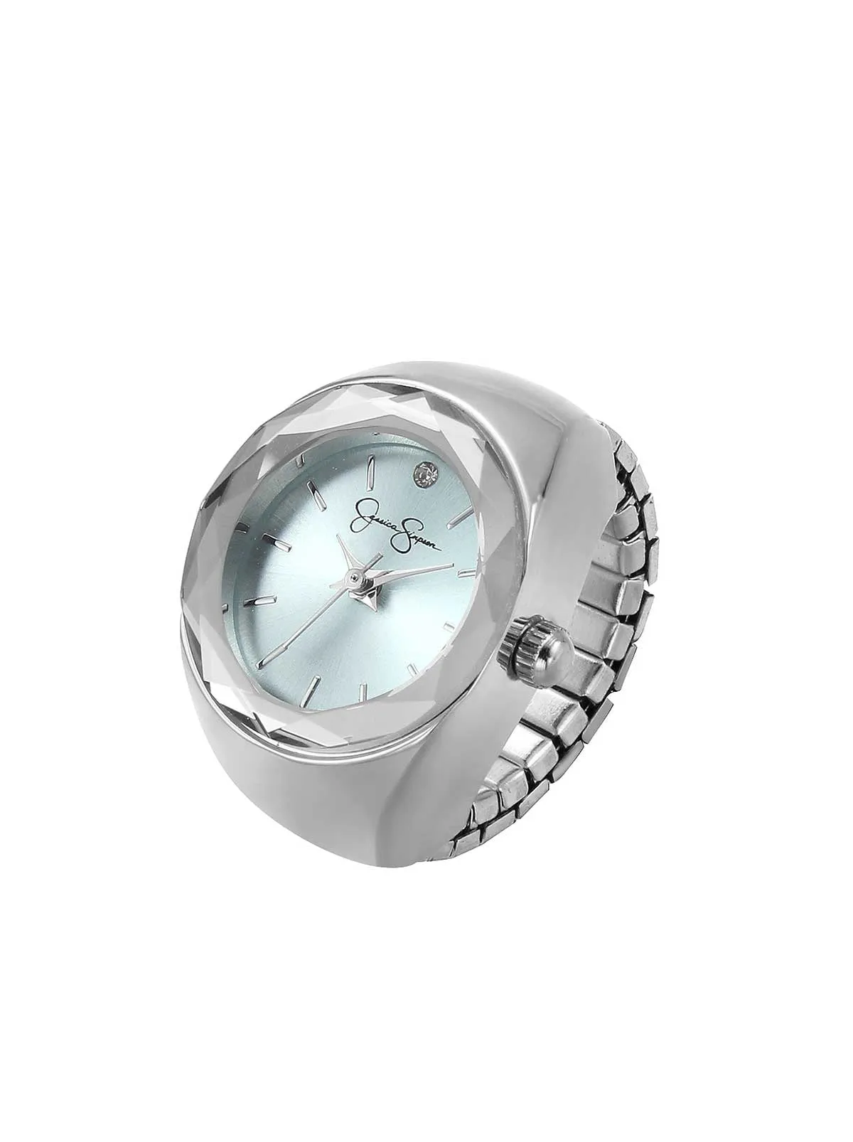 Faceted Bezel Single Crystal Ring Watch in Silver