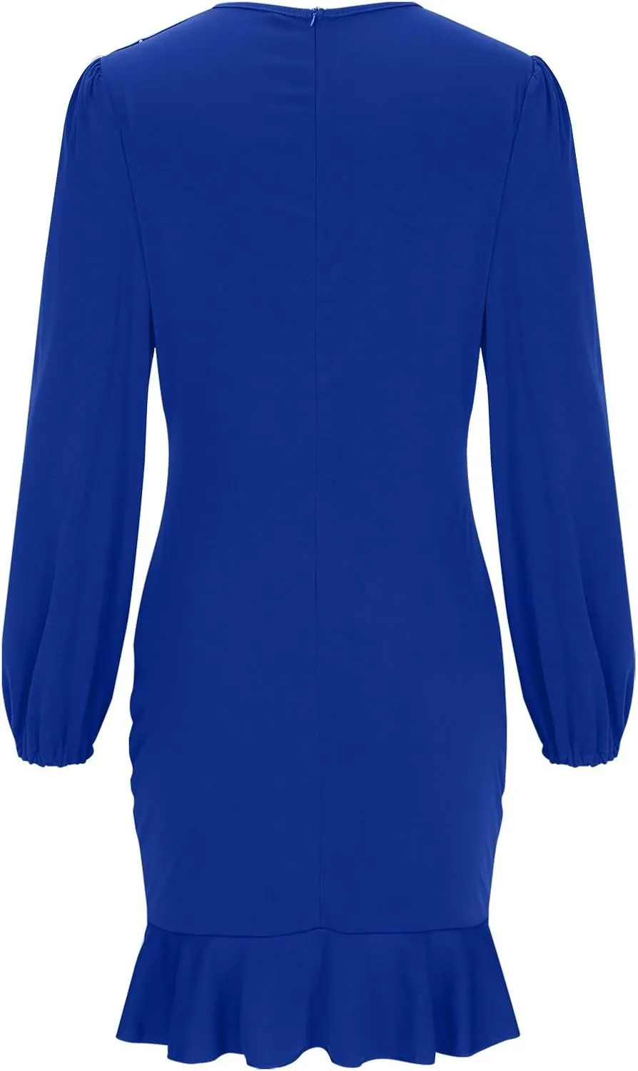 Fall Sexy Short Dresses for Women Puff Long Sleeve Ruffle Hem Mini Dresses Trendy Cozy Slim Fit Wrap Bodycon Dresses
