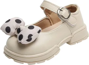 Fashion Autumn Girls Casual Shoes Thick Bottom Flat Round Toe Polka Dot Bow Hook Loop Solid Color Dress Baby Shoes Girl (Beige, 3.5-4 Years Toddler)