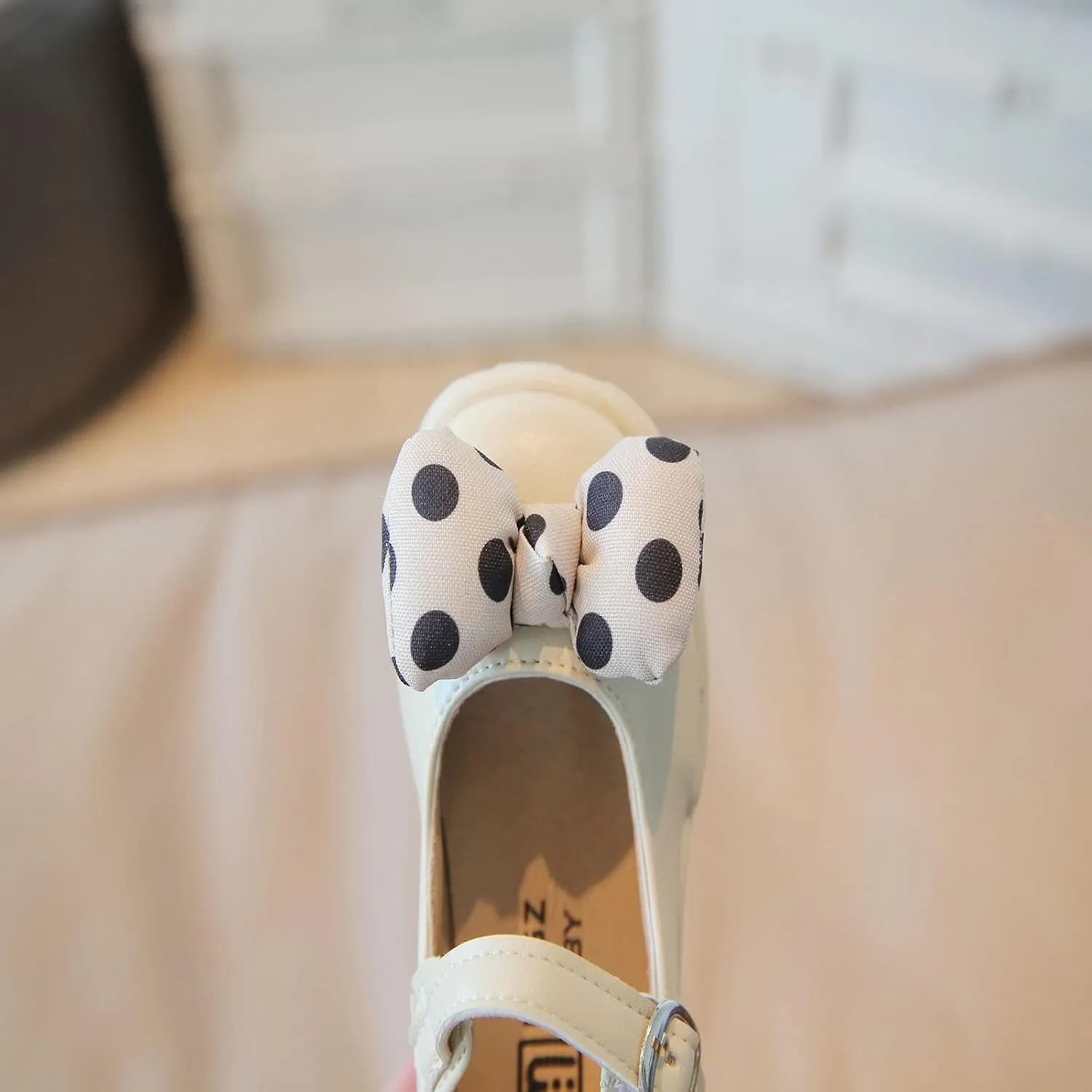 Fashion Autumn Girls Casual Shoes Thick Bottom Flat Round Toe Polka Dot Bow Hook Loop Solid Color Dress Baby Shoes Girl (Beige, 3.5-4 Years Toddler)