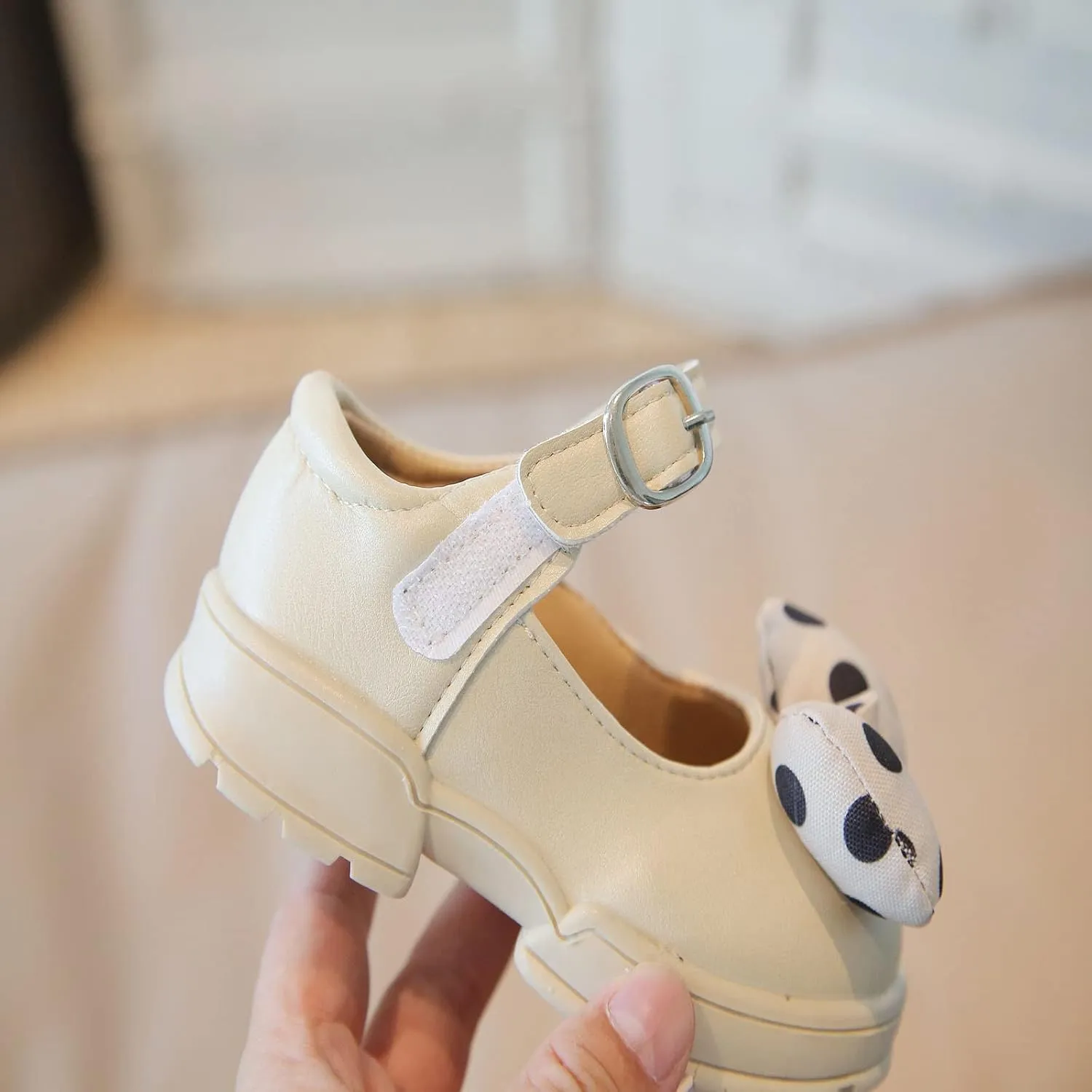 Fashion Autumn Girls Casual Shoes Thick Bottom Flat Round Toe Polka Dot Bow Hook Loop Solid Color Dress Baby Shoes Girl (Beige, 3.5-4 Years Toddler)