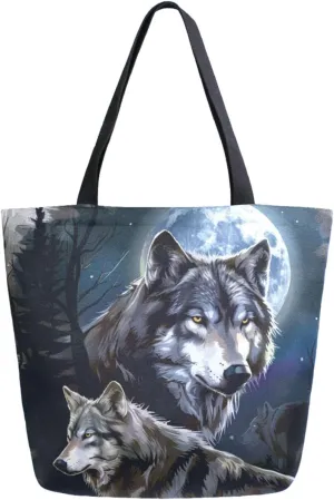 Fashion Extra Large Shoulder Grocery Tote Bag, Big Moon Night Wolves Illustration Canvas Daily Handle Bag for Gym Yoga Weekender Beach Travel Picnic Kitchen Reusable Market Shopping